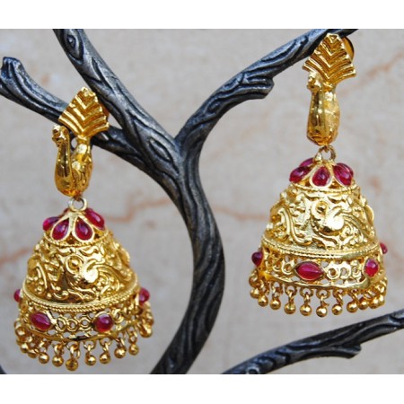 Peacock Ruby Gold Jhumkas